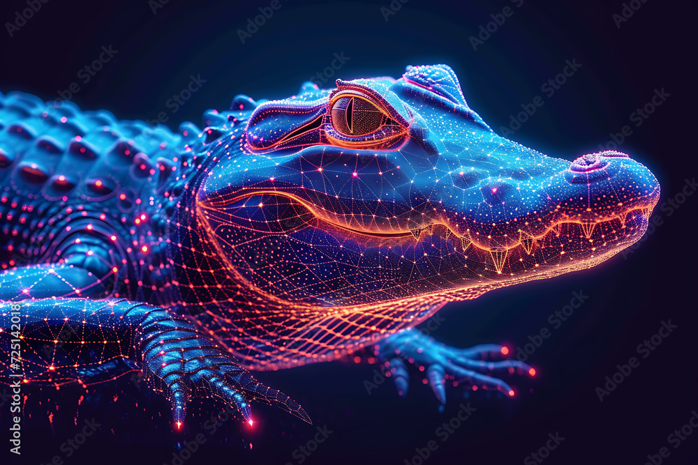 Poster crocodile digital wireframe polygon illustration. technology of lines and points.