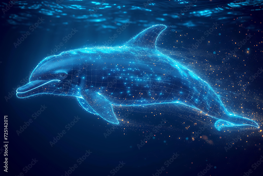 Poster dolphin . digital wireframe polygon illustration. technology of lines and points.