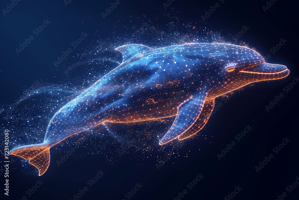 Poster dolphin . digital wireframe polygon illustration. technology of lines and points.