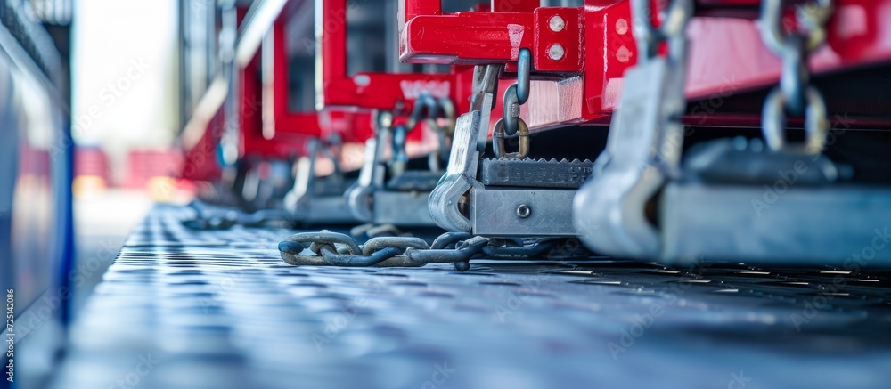 Poster truck platforms with reinforced anchorage and ratchet fixing strap for floor connection and selectiv