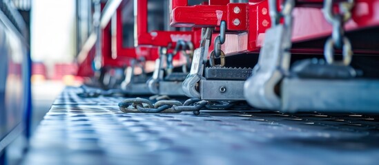 Truck platforms with reinforced anchorage and ratchet fixing strap for floor connection and selective focus vertical image.