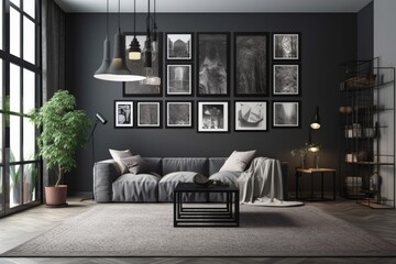 A contemporary interior flat black and metallic silver room is barren and devoid of furniture. A gallery wall template with nine frames is attached to the wall for poster presentations