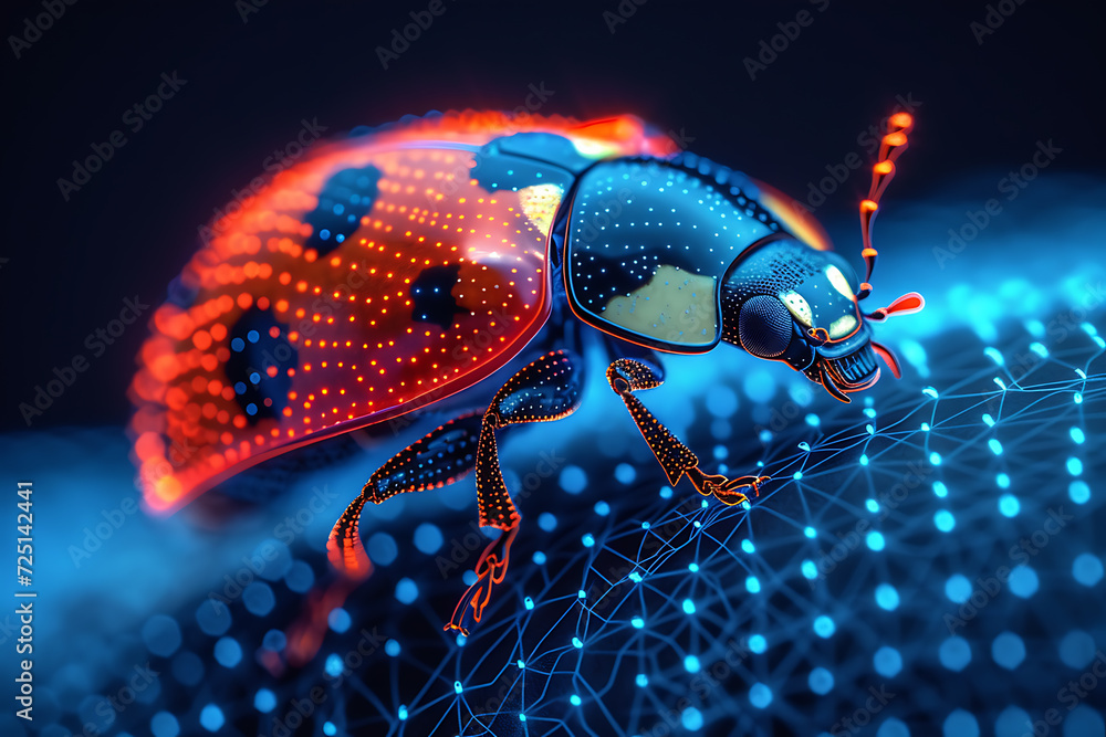 Poster ladybug. digital wireframe polygon illustration. technology of lines and points.