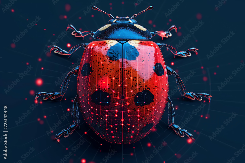 Poster ladybug. digital wireframe polygon illustration. technology of lines and points.