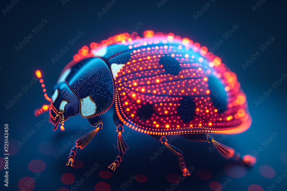 Poster ladybug. digital wireframe polygon illustration. technology of lines and points.