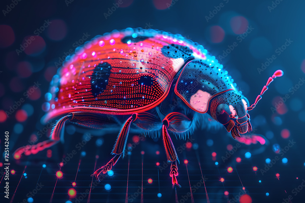 Poster ladybug. digital wireframe polygon illustration. technology of lines and points.