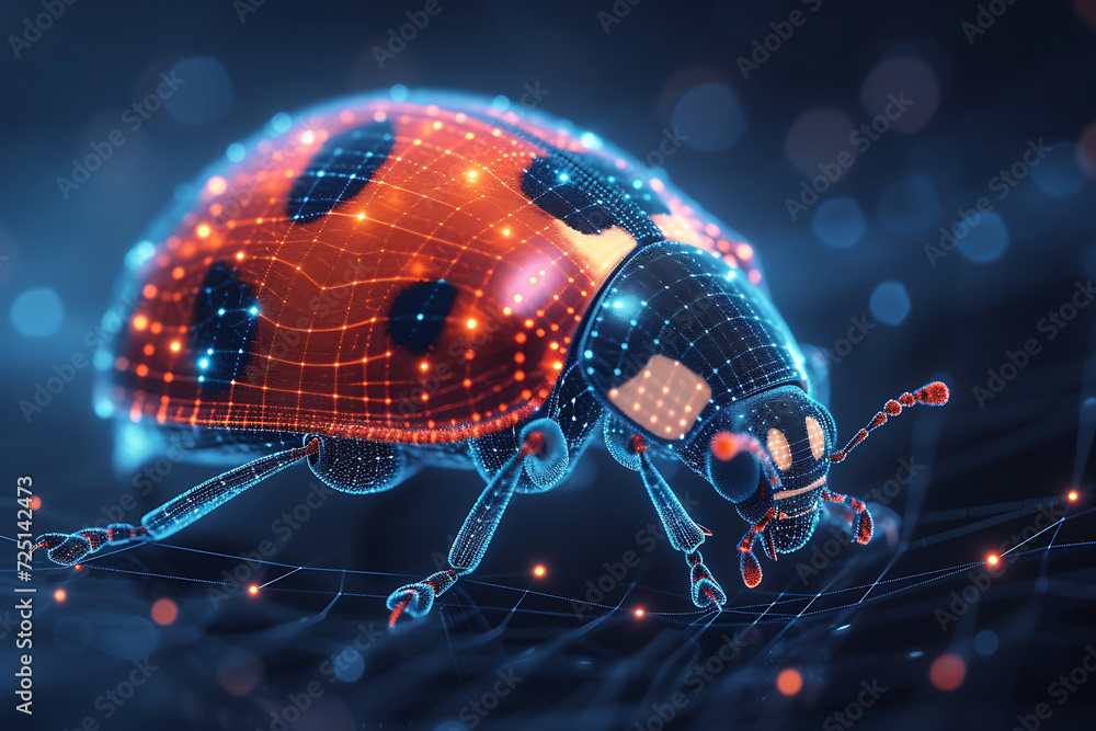 Poster ladybug. digital wireframe polygon illustration. technology of lines and points.