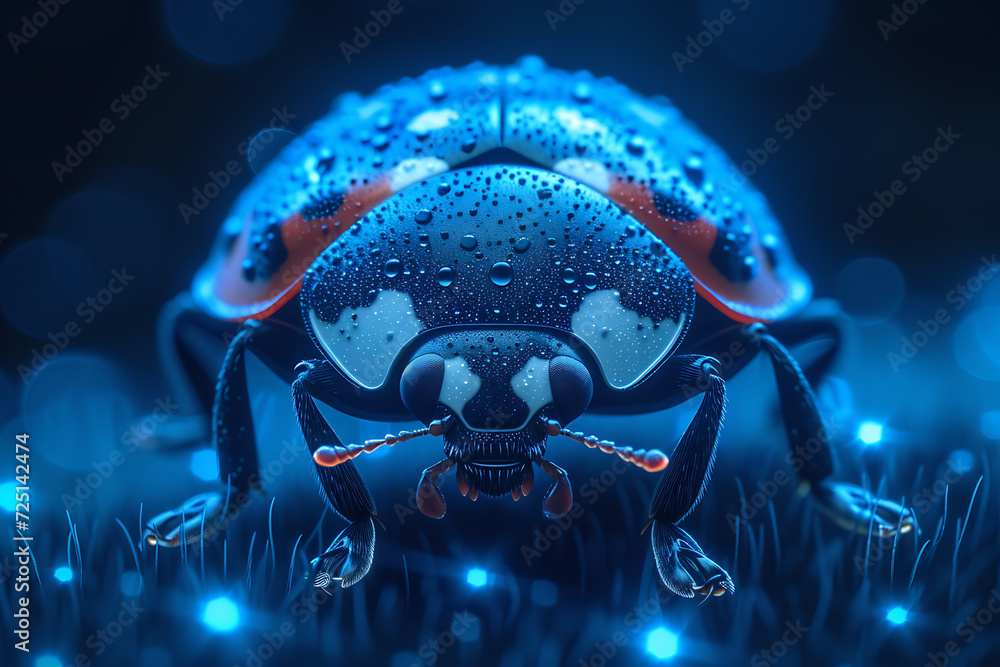 Poster ladybug. digital wireframe polygon illustration. technology of lines and points.