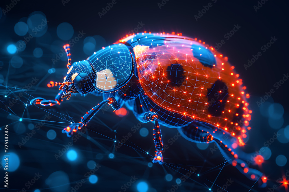 Poster ladybug. digital wireframe polygon illustration. technology of lines and points.