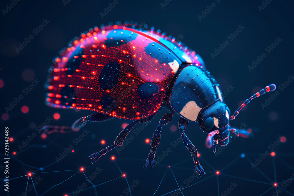 Poster ladybug. digital wireframe polygon illustration. technology of lines and points.