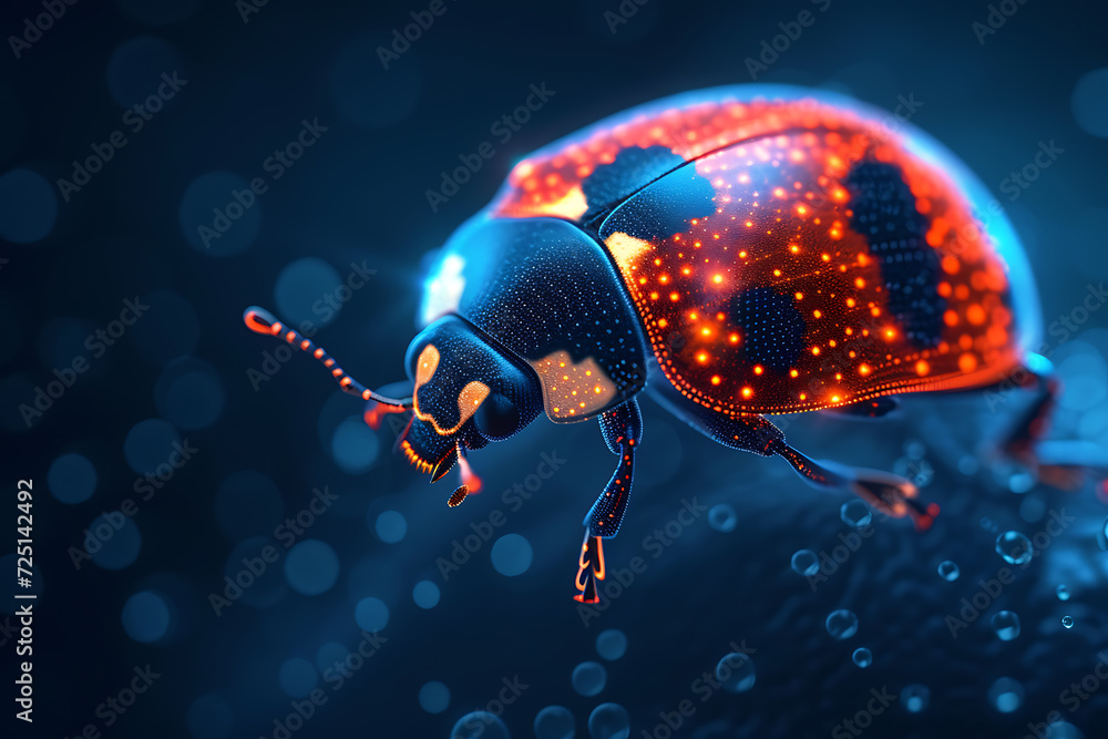Poster ladybug. digital wireframe polygon illustration. technology of lines and points.