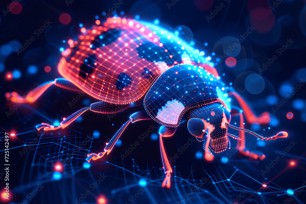 Poster ladybug. digital wireframe polygon illustration. technology of lines and points.