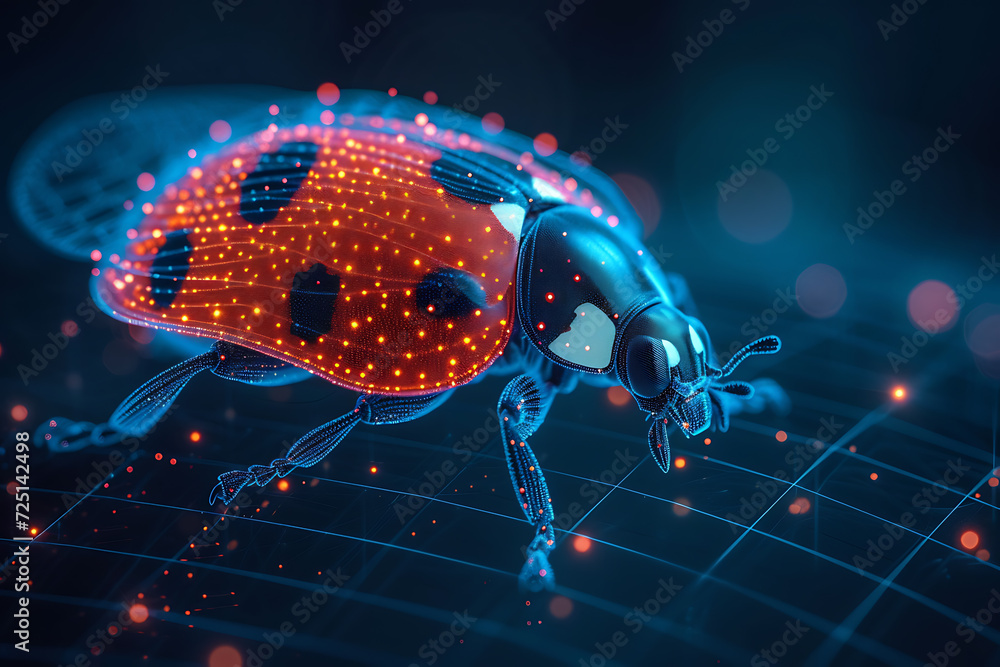 Poster ladybug. digital wireframe polygon illustration. technology of lines and points.