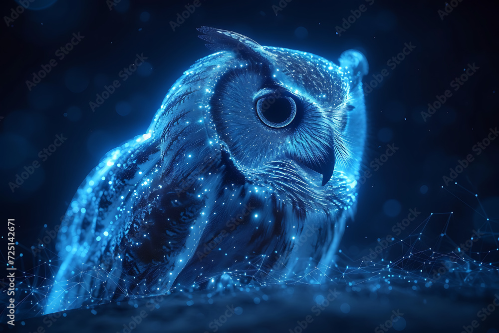 Poster owl. digital wireframe polygon illustration. technology of lines and points.
