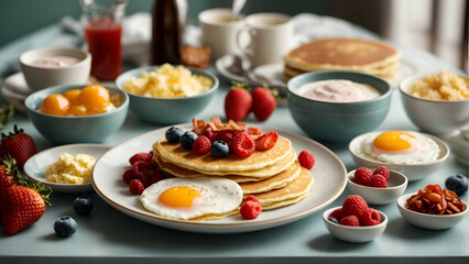 Family style breakfast table, breakfast food on a table
