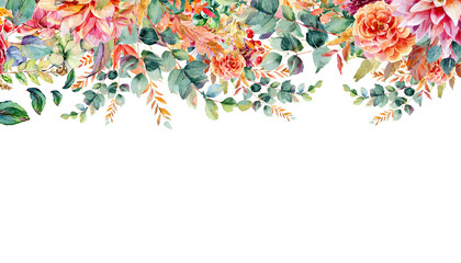 watercolor multi color Autumn floral corner border with dahlia, rose and eucalyptus leaves - obrazy, fototapety, plakaty