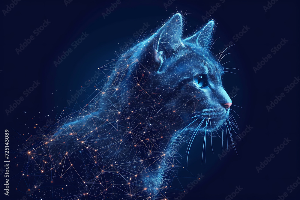 Poster cat. digital wireframe polygon illustration. technology of lines and points.