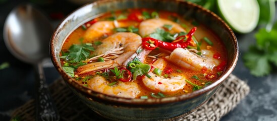 Thai Tom yum pla soup, a spicy and tangy fish soup. - obrazy, fototapety, plakaty