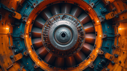 Intricate details of a modern turbine engine's internal mechanics. The metallic surfaces gleam with a polished finish, reflecting the ambient light in the manufacturing facility.