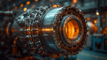 Intricate details of a modern turbine engine's internal mechanics. The metallic surfaces gleam with a polished finish, reflecting the ambient light in the manufacturing facility. - obrazy, fototapety, plakaty