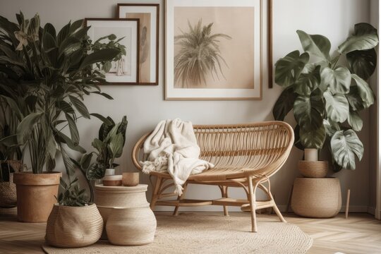 Rattan armchair, mock up picture frame, wooden bench, décor, wall art, and personal items are all featured in this stylish and beige interior design