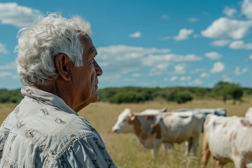 old farmer profile seeing his cattle