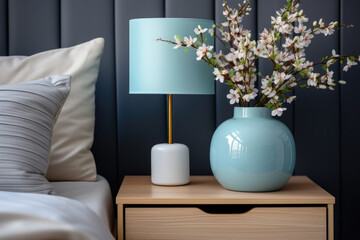 Close up of a light blue bed and bedside table with spring blossom flowers in a vase