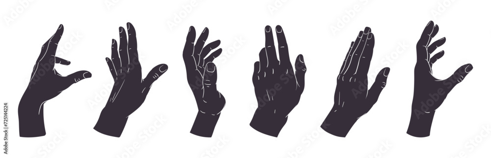 Wall mural Hand palms gesture silhouettes. Human hands signs, peace, okay, call position flat vector illustration set. Gestures black silhouettes