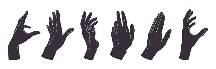 Hand palms gesture silhouettes. Human hands signs, peace, okay, call position flat vector illustration set. Gestures black silhouettes - obrazy, fototapety, plakaty