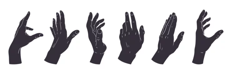 Poster Hand palms gesture silhouettes. Human hands signs, peace, okay, call position flat vector illustration set. Gestures black silhouettes © GreenSkyStudio