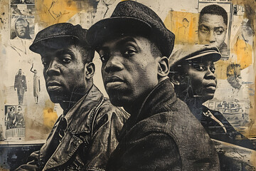 Group portrait of African American peoples. Historical style. Achievements of Afro people. Black history month. Freedom, justice and demonstration. Civil rights, culture concept