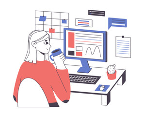 Freelance female worker. Distant creative IT engineer or smm manager working from home flat vector illustration. Freelance person remote working on white