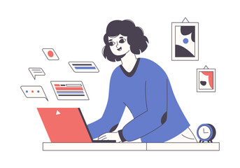 Distant creative worker. Freelance female web designer or IT engineer, remote working with computer flat vector illustration. Freelance person working from home