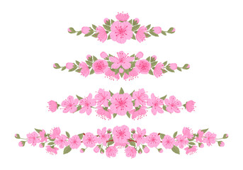 Cherry flowers borders. Sakura blossom decorative dividers, spring sakura blossom frame borders flat vector illustration set. Japanese floral elements on white