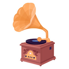 Vintage music gramophone. Antique device for listening music, nostalgic gramophone player flat vector illustration. Retro gramophone on white background