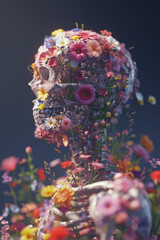 A human skeleton made out of flowers. Skull and body growing and overflowing with flowers and leaves concept.