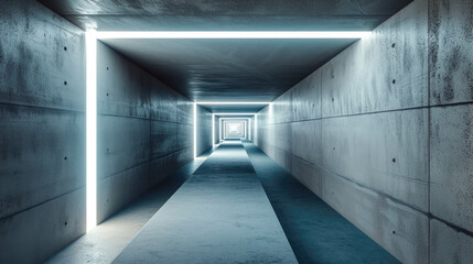 Long concrete tunnel background, perspective view of futuristic hallway and lines of led neon...