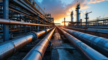 Factory pipelines at sunset, crude gas and oil pipes of refinery plant or petrochemical industry. Perspective view of steel industrial lines and sky. Concept of energy, production