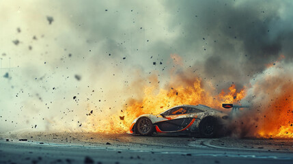 Sports car burns on track during race, vehicle drives in fire, wreckage and smoke. Accident with flame and sparks on road. Concept of speed, fast, crash, wreck, action, background. - obrazy, fototapety, plakaty
