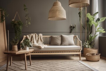 Gray sofa, wooden flowerbed, beige macrame, rattan lamp, plants, basket, and attractive accessories make up this design bohemian living room composition. Elegant and simple interior design. Template