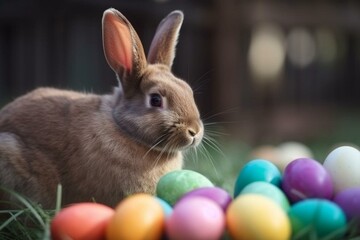 Joyful rabbit holding Easter eggs, vibrant Easter celebration. Generative AI