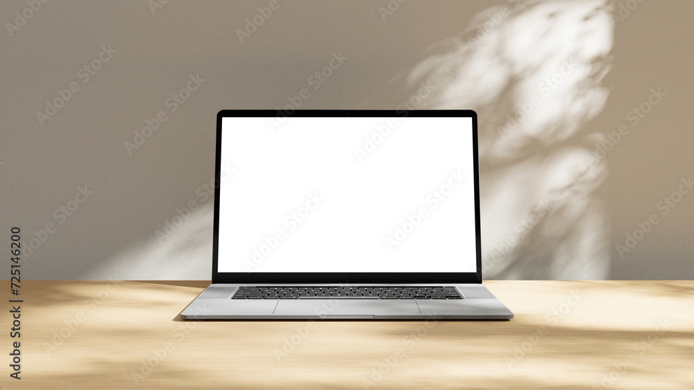 Poster Blank close up laptop mock up with white screen - for text and design template, laptop with white empty blank screen on wooden empty countertop and plaster wall with soft sunlight and shadows, mock-up