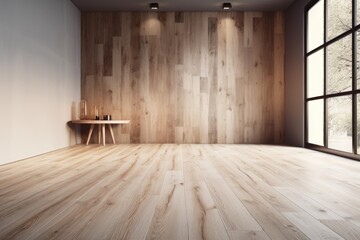 Interior, empty space with wood laminate flooring and a light stucco wall. Mockup With Design Space - obrazy, fototapety, plakaty