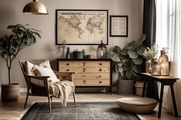 An elegant commode, a rattan basket, plants, a flowerbed, a carpet, fine personal accessories, and a black wooden mock up poster map on a beige wall are all featured in this sitting room's interior de