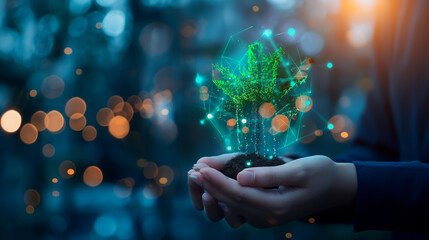 Sustainable Growth Concept with Glowing Leaves