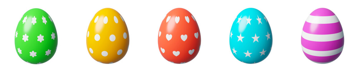 Painted Easter eggs collectionisolated 3d render illustration. Set of Easter clip art design elements. Bright colors. Easter egg hunt template.
