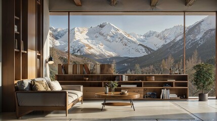 Interior design and decoration, Living room with wooden furniture overlooking snow-capped mountains