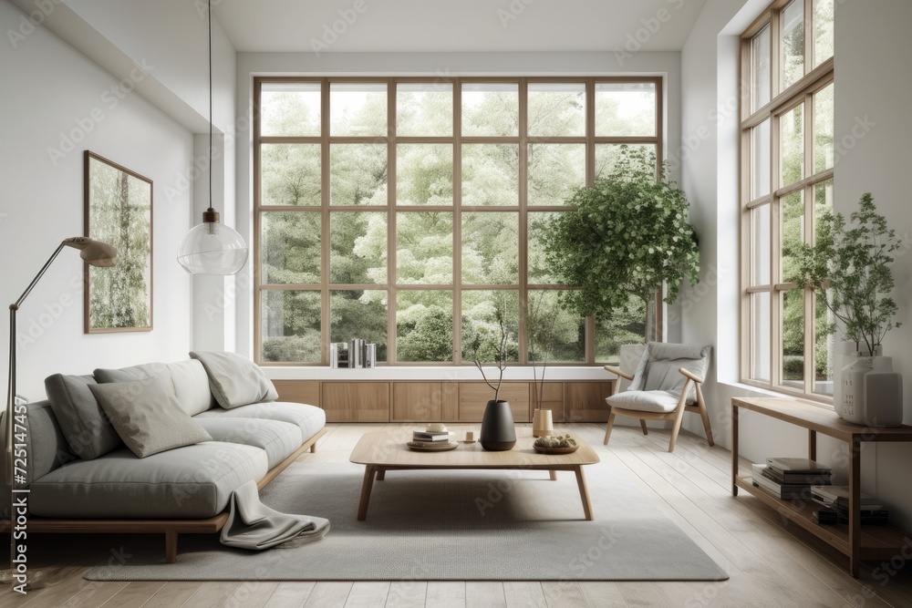 Wall mural front view of a living room with numerous windows, two seats, a coffee table, and a long gray sofa