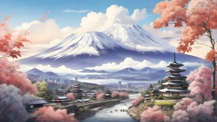 japanese fuji mountain,chery blossom tree - obrazy, fototapety, plakaty
