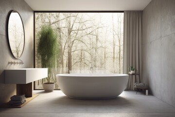 Fototapeta na wymiar Close up of a white bathtub in a bathroom with a big window that is sitting on concrete. a mockup
